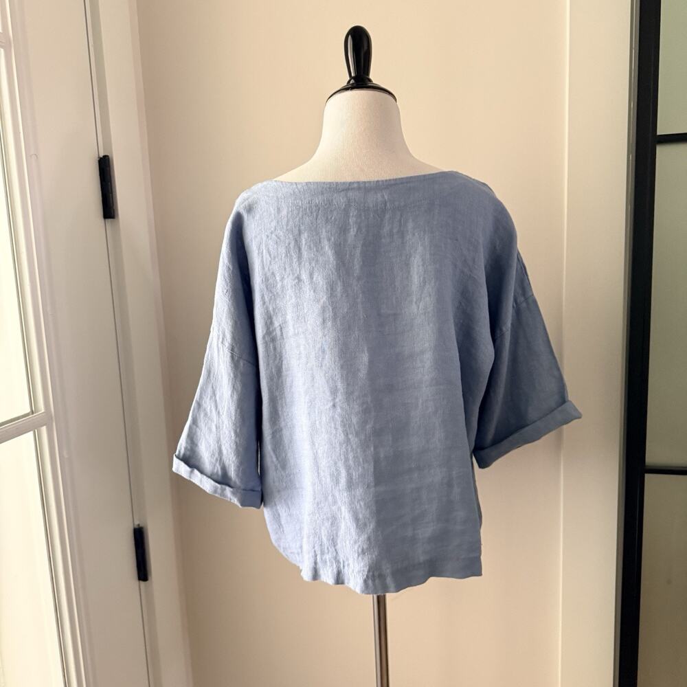 Made in Italy Linen Boxy Crop Top OS S M L Blue Boat Neck Short Sleeve NWOT - Picture 4 of 10